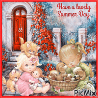 Have a lovely day. Children with their pets animált GIF