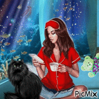 Black cat and a Lady GIF animé