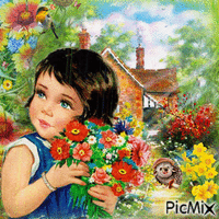 Spring. Garden, girl, flowers - Free animated GIF