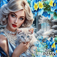 Blonde Frau und weiße Katze - GIF animate gratis