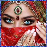 jaune  femme indienne portait bleu et rouge - Besplatni animirani GIF