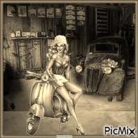 Frau mit Hut in der Garage --Vintage
