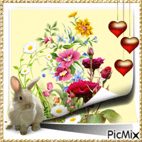 lapin et fleurs - GIF animé gratuit