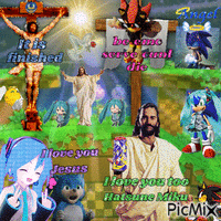 hatsune miku and sonic watch shadow and jesus be crucified animovaný GIF