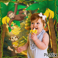 Petite Fille - Banane - Jaune - Vert - Marron - GIF animate gratis