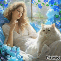 Blonde woman and white cat GIF animé