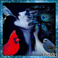 La femme et les oiseaux - Tons bleus !!!! - Gratis geanimeerde GIF