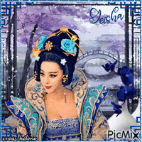 Geisha en bleu et mauve - Безплатен анимиран GIF
