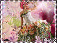 Tableau Femme sur fond fleuri - GIF animé gratuit