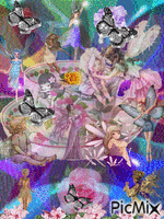 COLORS FLASHING FOR BACKGROUNG, FAIRIES PLAYING IN A CUP AND SAUCER, SOME ARE FLITTERING LIKE THE 2 SPARKLING BUTTERFLIES, SOME PINK ROSES. AND A PURPLE ROSE. GIF animé