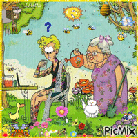 La nonna annaffia i fiori animowany gif
