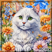 Portrait of a white cat among flowers