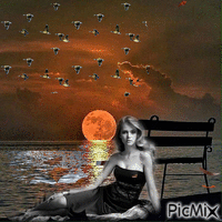 Vrouw maan vogels en water GIF animé