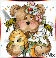 DADDY BEAR CARRING TOO MANY SWEETS BEING ATTACKED BY BEES, BUTTERFLIES AND LADY BUGS. animēts GIF