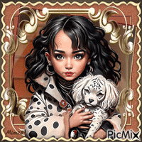 Portrait d'une fillette avec son chien - Beige et marron GIF animé