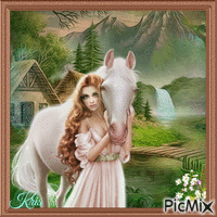 Femme et cheval blanc - Nemokamas animacinis gif