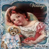 Kleines Mädchen mit Teddybär - Vintage - Zdarma animovaný GIF
