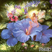 a fairy on a big flower, butterflies flying in, a fairy swing, and sparkles анимиран GIF