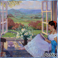 femme assise à sa fenêtre анимированный гифка