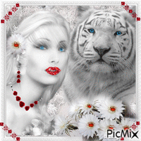 Femme et tigre en rouge et blanc