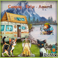 Camping - Katze - Aquarell - Nemokamas animacinis gif