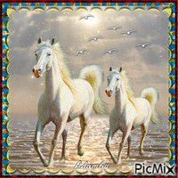 a pair of horses running on the waves Gif Animado