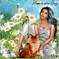 Have a Nice Day. Summer. Woman and her cats κινούμενο GIF