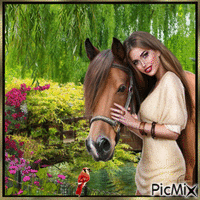 Frau mit Pferd im Frühling 2 - Ingyenes animált GIF
