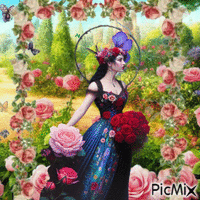 Woman with Roses - Free animated GIF