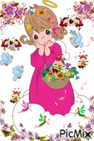 cute little angel, with flowers, birds, gees and fairies. - Бесплатни анимирани ГИФ