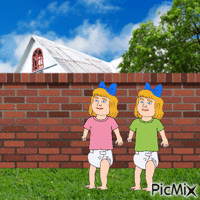 Twins posing in backyard GIF animado