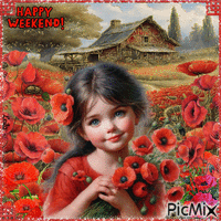 Happy Weekend. Girl, poppies Animiertes GIF