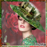 Paysage dans un chapeau en vert et rouge