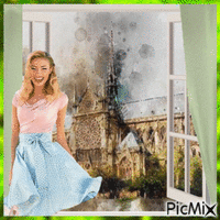 Notre Dame Water Color Seen Through Window GIF animé