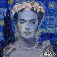 Frida Kahlo contra el fondo del cielo estrellado de Van Gogh - GIF animado gratis