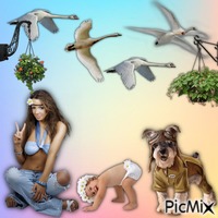 Vrouw met kind en hond vogels animēts GIF