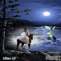 Jeune cavalière sur son cheval et son ange gardien sur un rocher qui lui apparaît dans la nuit - GIF animado grátis