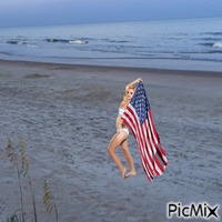Lady with American flag on beach animált GIF