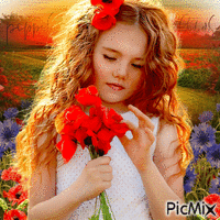Girl, poppies, cornflowers - Ingyenes animált GIF