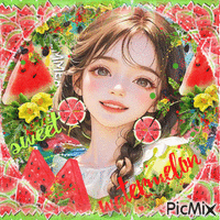Anime girl watermelon summer - Free animated GIF