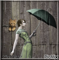 femme et chat sous la pluie анимированный гифка