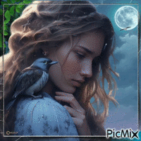 blue bird and woman - Ilmainen animoitu GIF