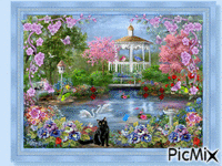 A park bench overlooking the lake and flower gardens. - 免费动画 GIF