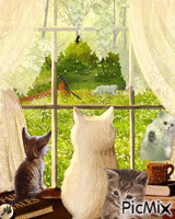5 gatos y un pájaro - 無料のアニメーション GIF