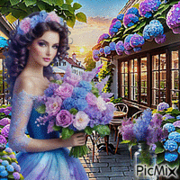 Frau und Hortensienblüten - Besplatni animirani GIF