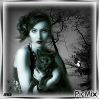 Femme et chat noir - png gratis