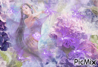 GIRL DANCING AMONG THE FLOWERS, OF PURPLE AND PINKTHERE IS FOG AND A FEW SPARKLES. - Free animated GIF