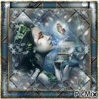 Girl with butterfly in blue - PNG gratuit