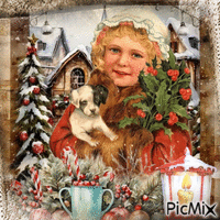 Fillette et son petit chien à Noël en vintage κινούμενο GIF