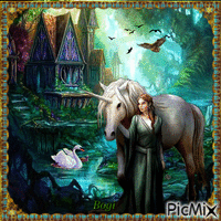 Girl with a unicorn... анимированный гифка